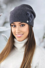 Вълнена дамска шапка KAMEA в цвят графит с пухчета - модел ONYKS