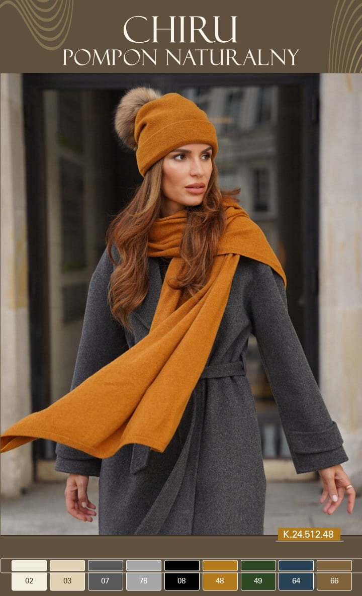 Дамска зимна вълнена шапка KAMEA с естествен помпон - модел CHIRU в цвят горчица