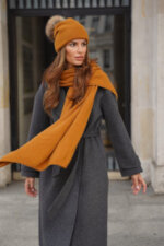 Дамска зимна вълнена шапка KAMEA с естествен помпон - модел CHIRU в цвят горчица