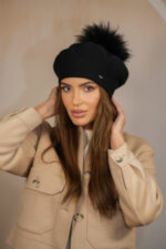 Дамска зимна вълнена барета KAMEA с естествен помпон от енот - модел FUJI в черно