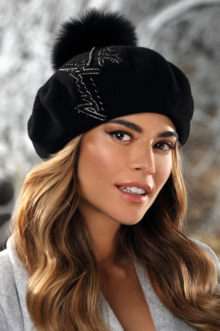 Елегантна дамска барета Willi от вълна WoolMark и помпон от лисица - модел LOBISA в черно