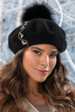 Модерна дамска барета WILLI с естествен помпон от лисица - модел CYPRATA в черно